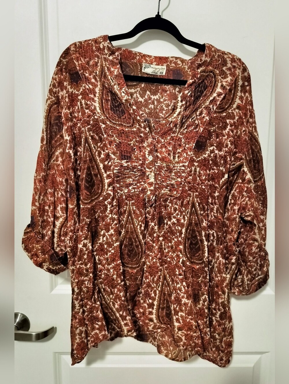Magazine Lady Women's 4X Vintage Boho Paisley Pintuck Peasant Blouse